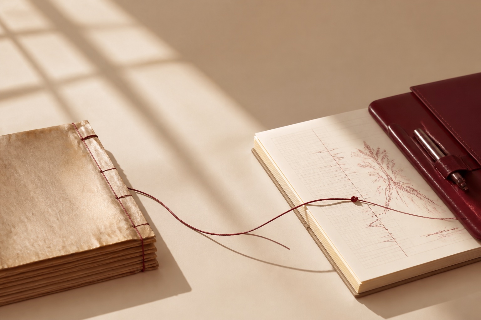 Manuscrit classique et carnet clinique moderne reliés par un fil oxblood