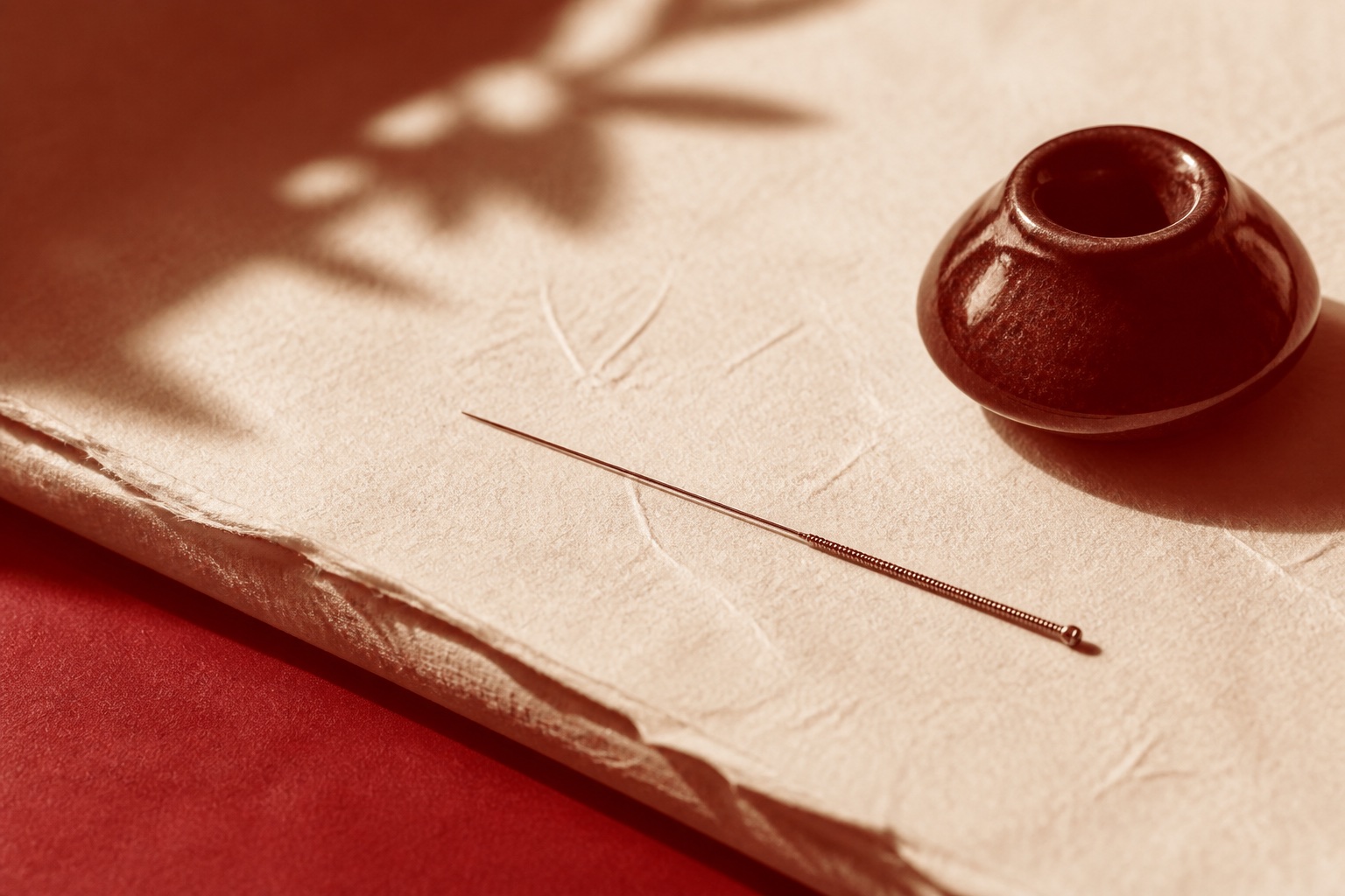 Fine aiguille d’acupuncture sur du papier crème avec support en céramique