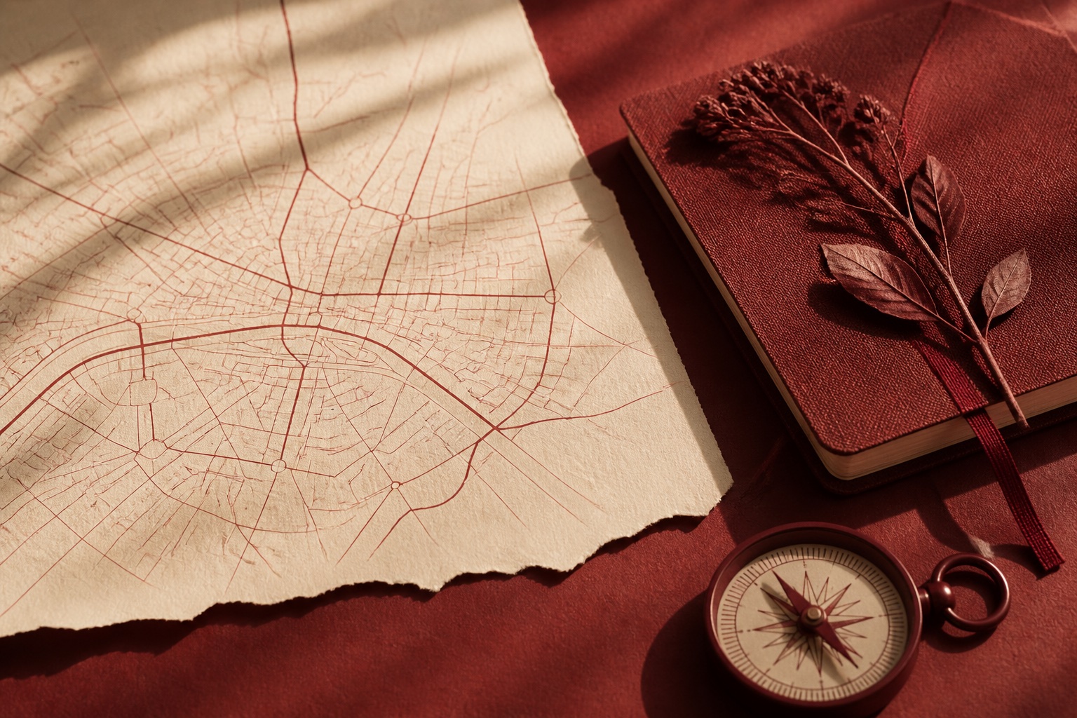 Plan abstrait de Paris, boussole et carnet oxblood