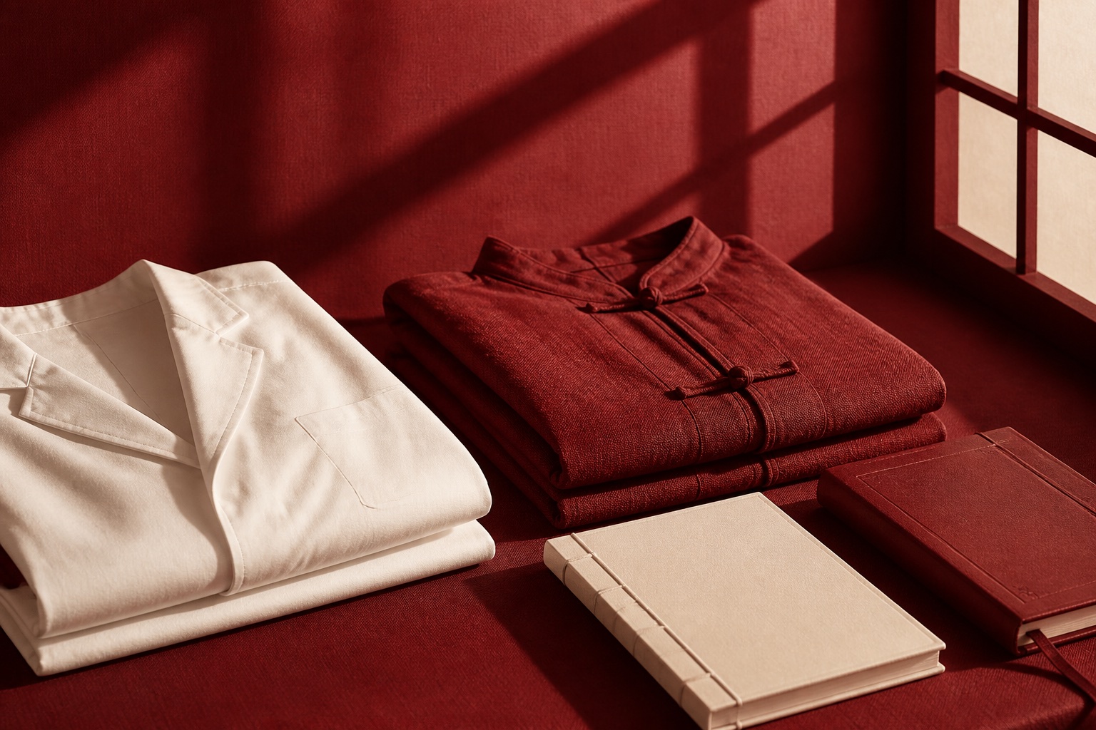 Vêtement clinique crème, textile traditionnel et carnets d’étude