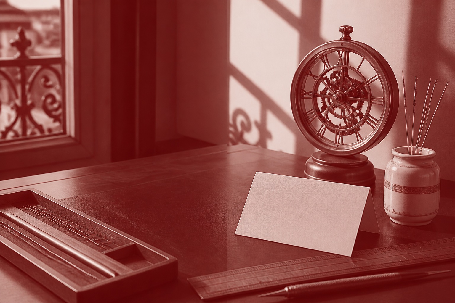 Bureau parisien avec horloge, carte de rendez-vous et règle