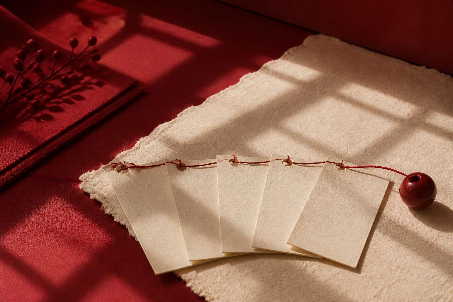 Suite de cartes de calendrier reliées par un fil oxblood