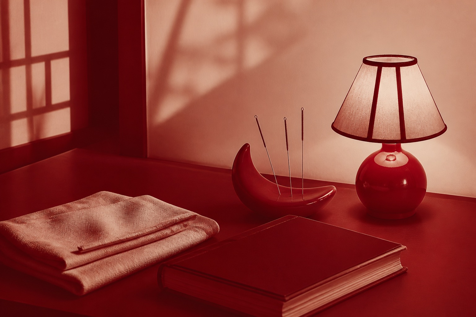 Lampe, croissant en céramique, livre et linge pour évoquer le sommeil
