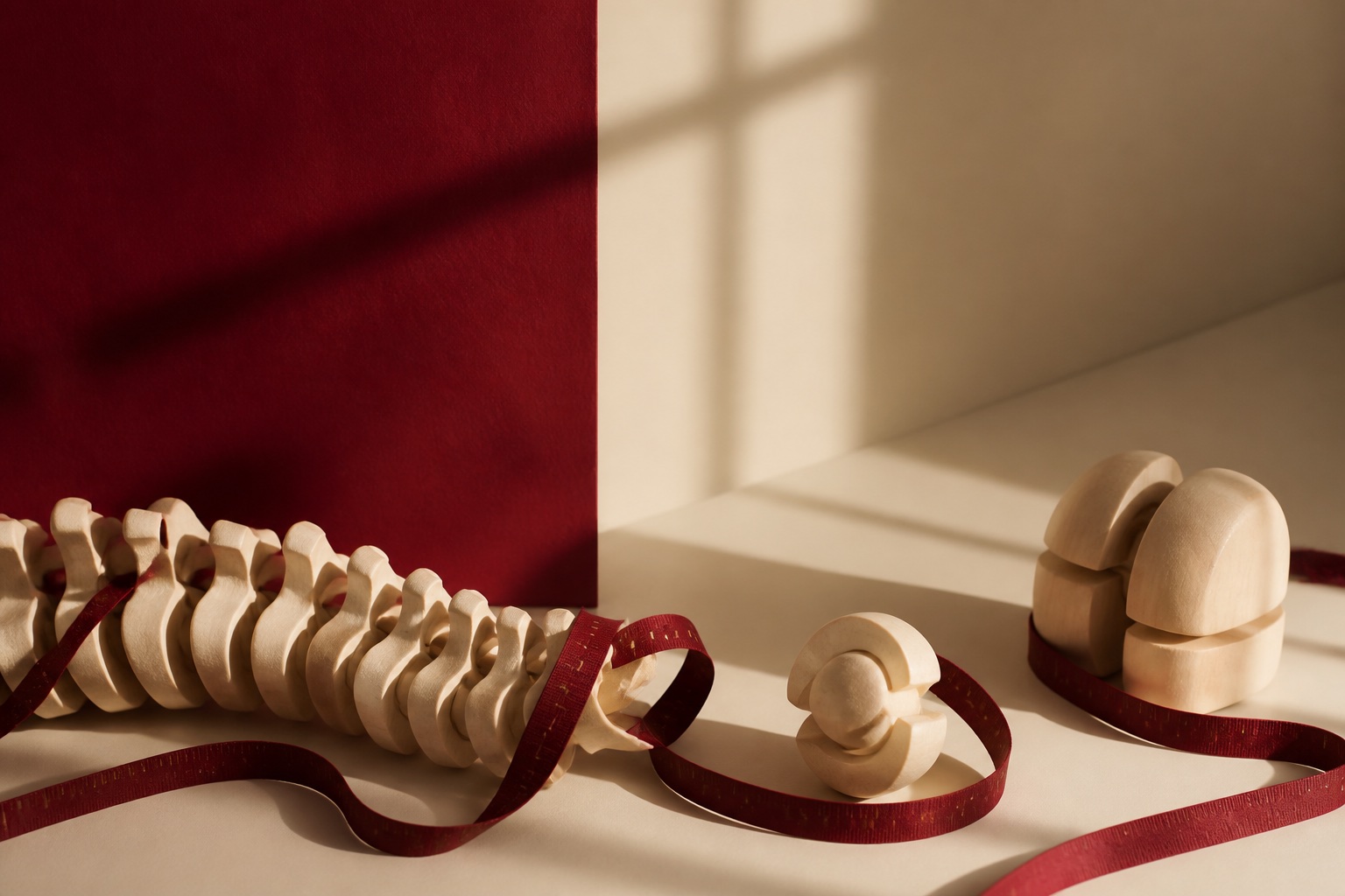 Formes articulées en bois et ruban de mesure oxblood