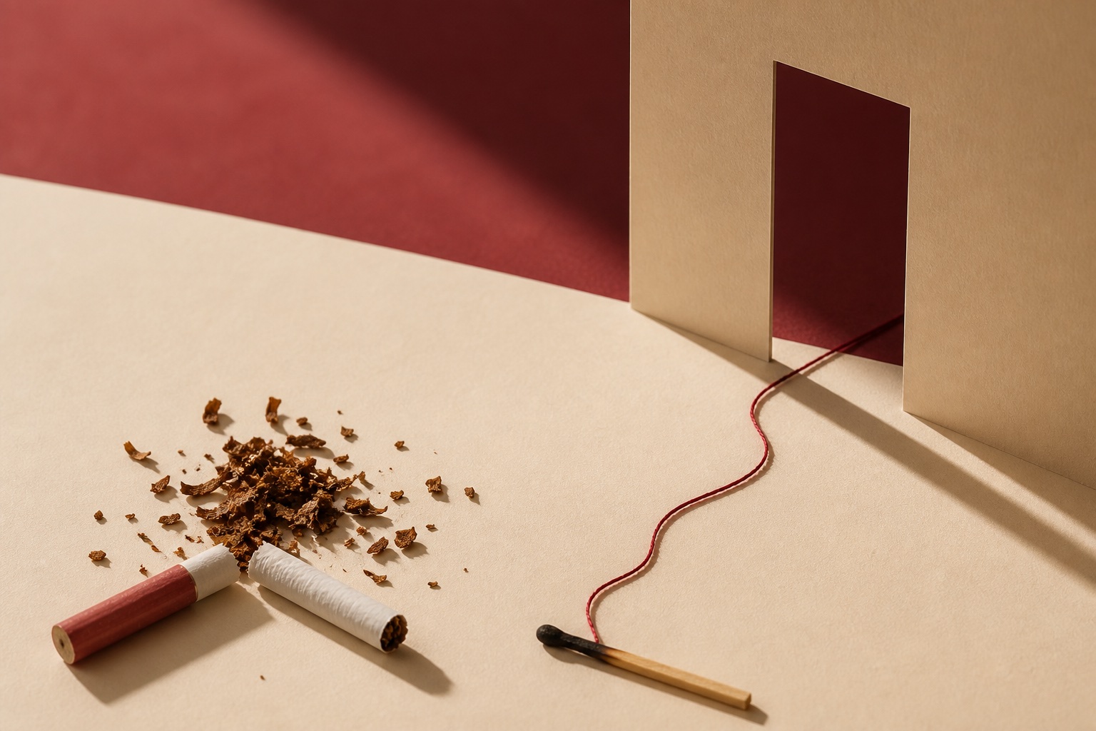 Cigarette brisée, tabac et fil menant vers une ouverture