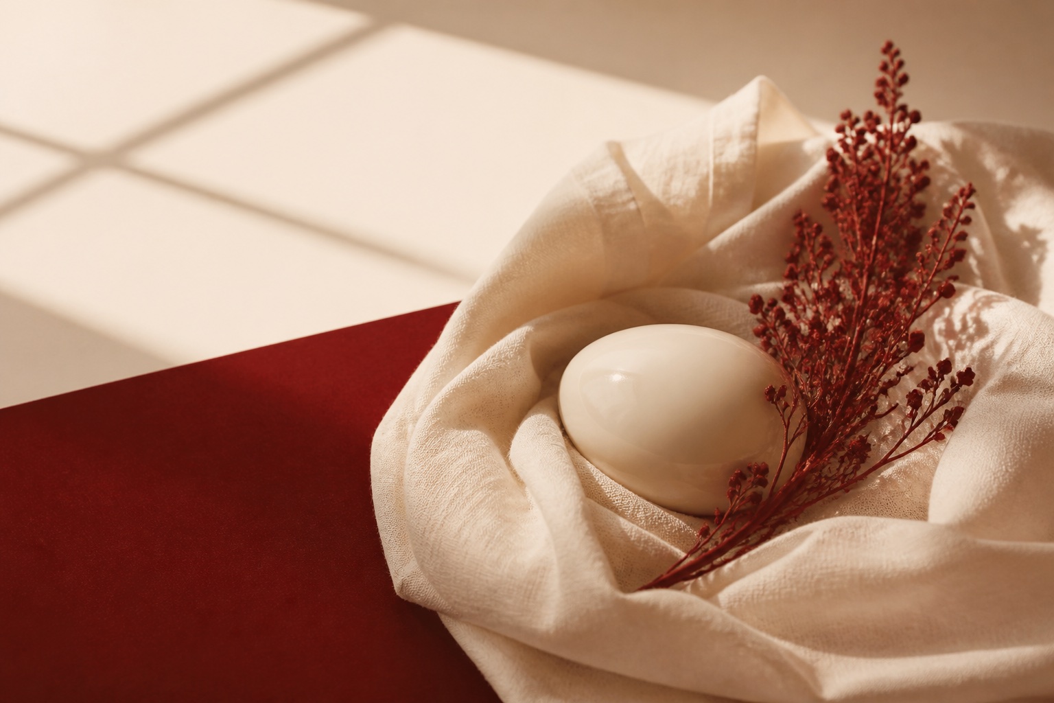 Forme en porcelaine protégée par du linge crème et des fleurs oxblood