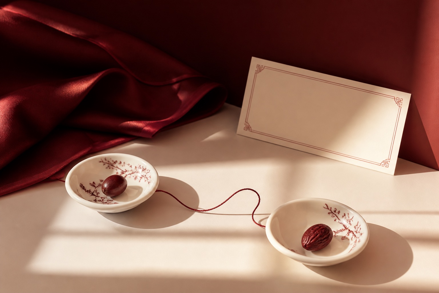 Deux graines dans des coupelles reliées par un fil oxblood